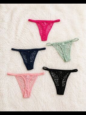5 Lace Thong Panty Set - Pink, Navy, Mint, Coral, Fuchsia, Black